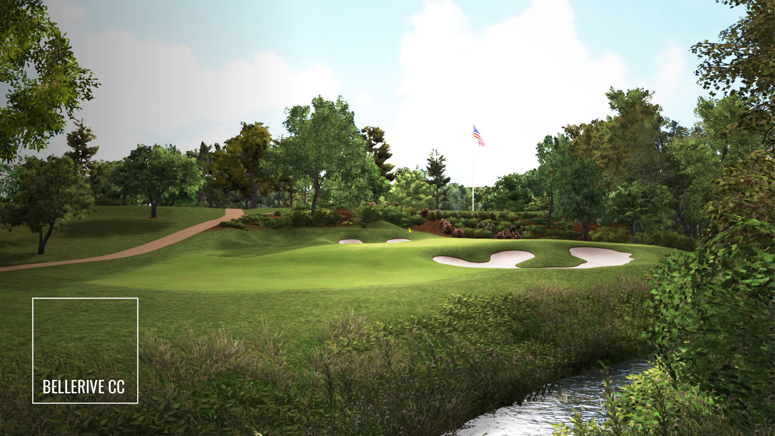 Bellerive Country Club golf course on a Trackman simulator — fairway, bunkers, and green