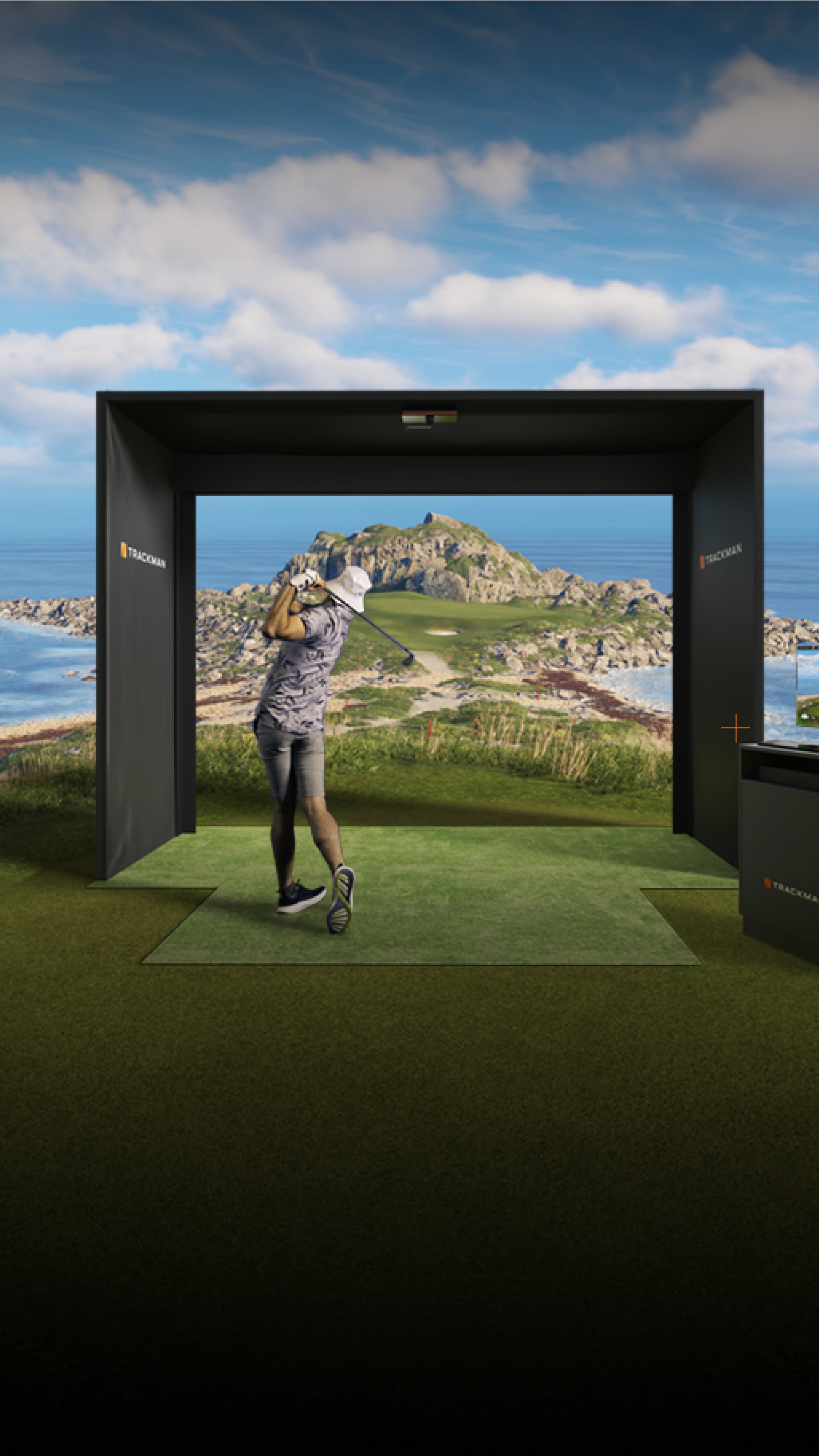 Indoor golf simulator with outdoor course view