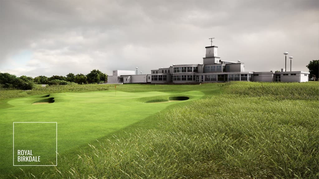 Royal Birkdale golf course on a Trackman simulator — green, bunkers, and clubhouse